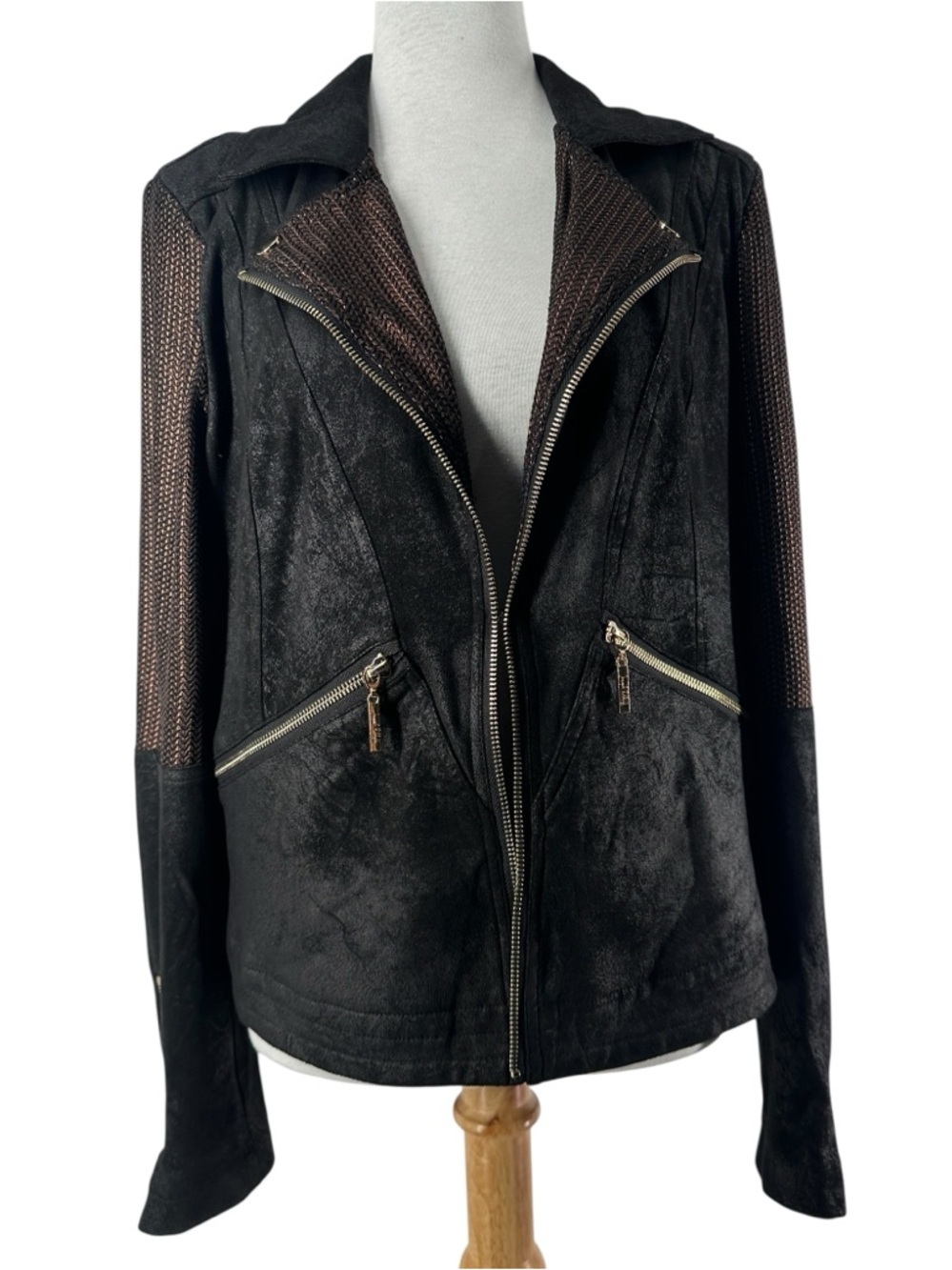 Joseph Ribkoff Two-tone Moto Jacket Style vegan leather eyelet closure sz lg - Picture 8 of 9